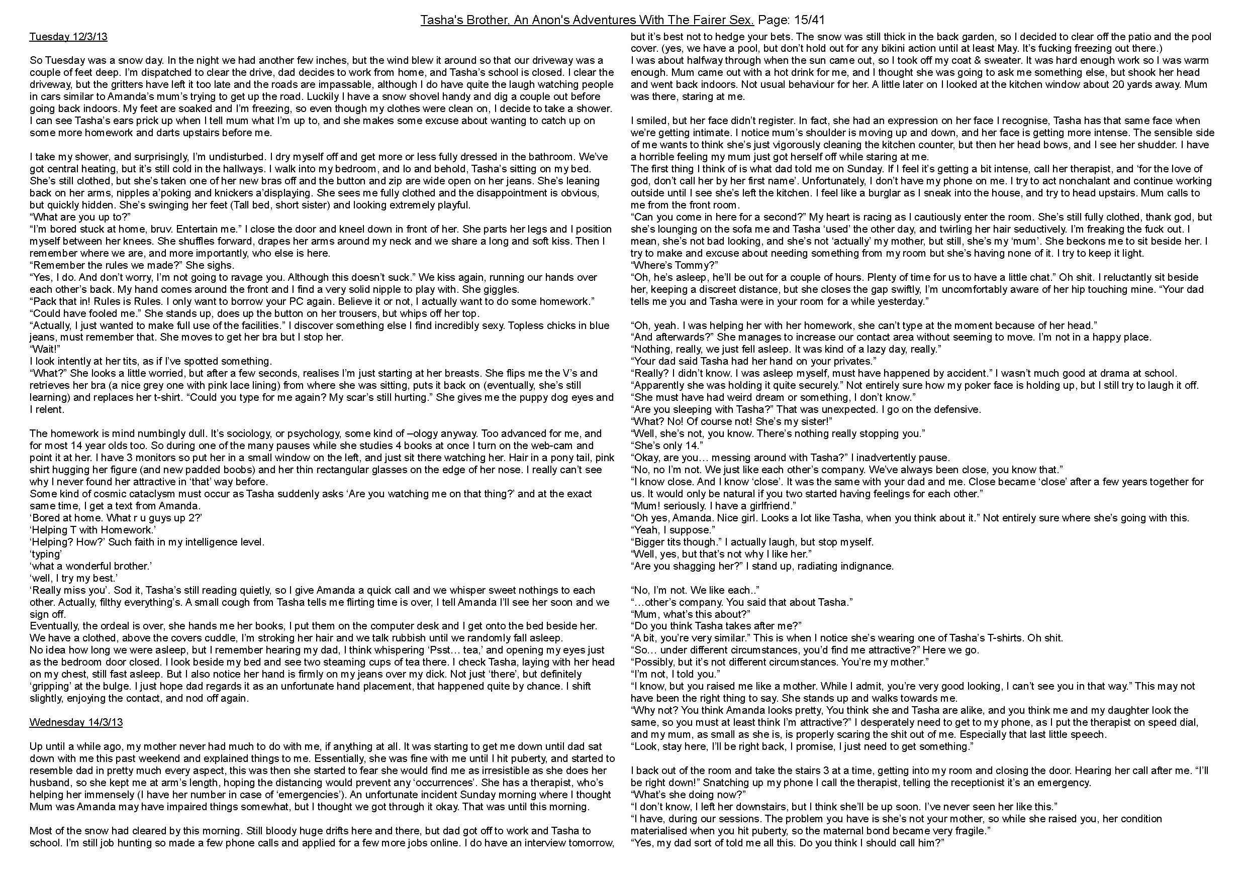 Anon's sister comes into the shower with him. Anon's meets her friend, and discovers family secrets.